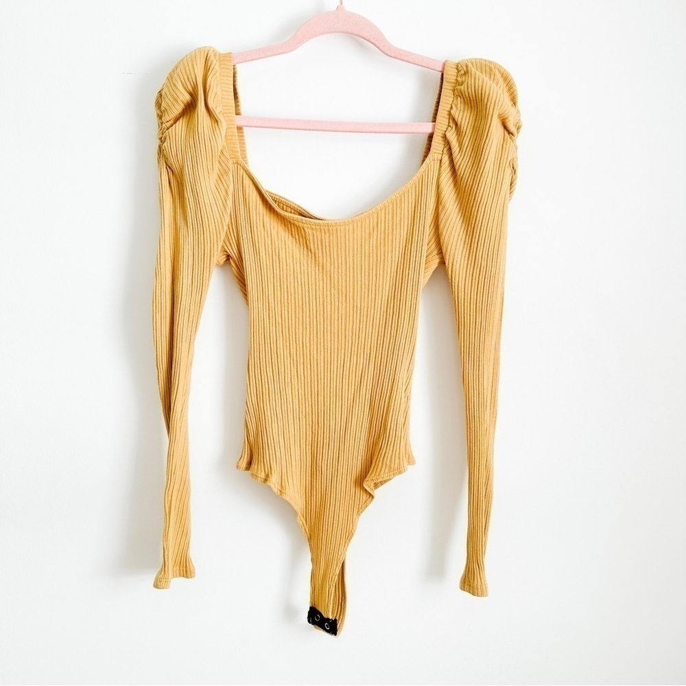 May Pink Marigold Yellow Ribber Puff Sleeve Bodysuit Sz Medium